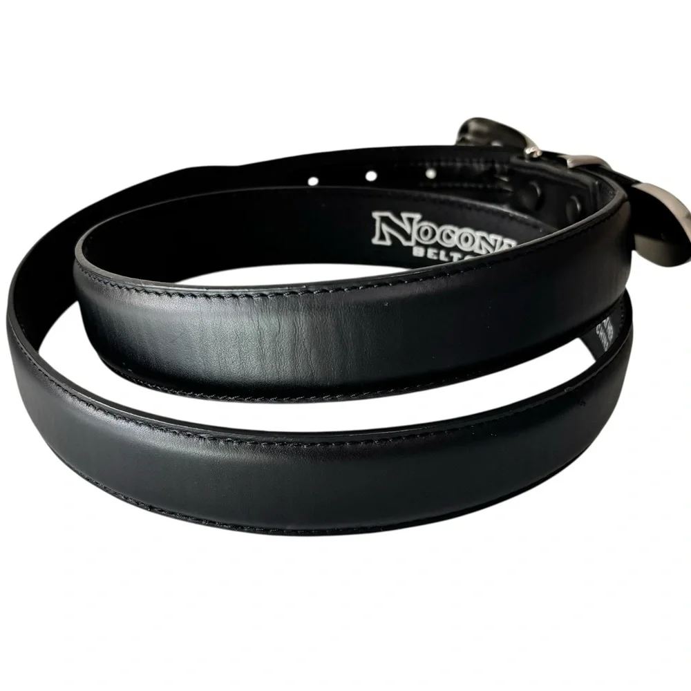 NOCONA BELT CO - SIZE 42 - SILVER‎ TONE-  MEN’s BLACK LEATHER BELT - EXC COND S7